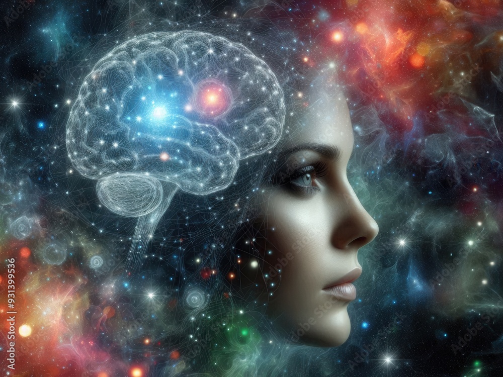 A real woman's face blending into a cosmic background with a detailed representation of the brain A real woman's face blending into a cosmic background with a detailed representation of the brain