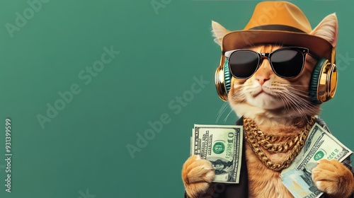 Cool cat wearing sunglasses, a hat, and headphones holding money.