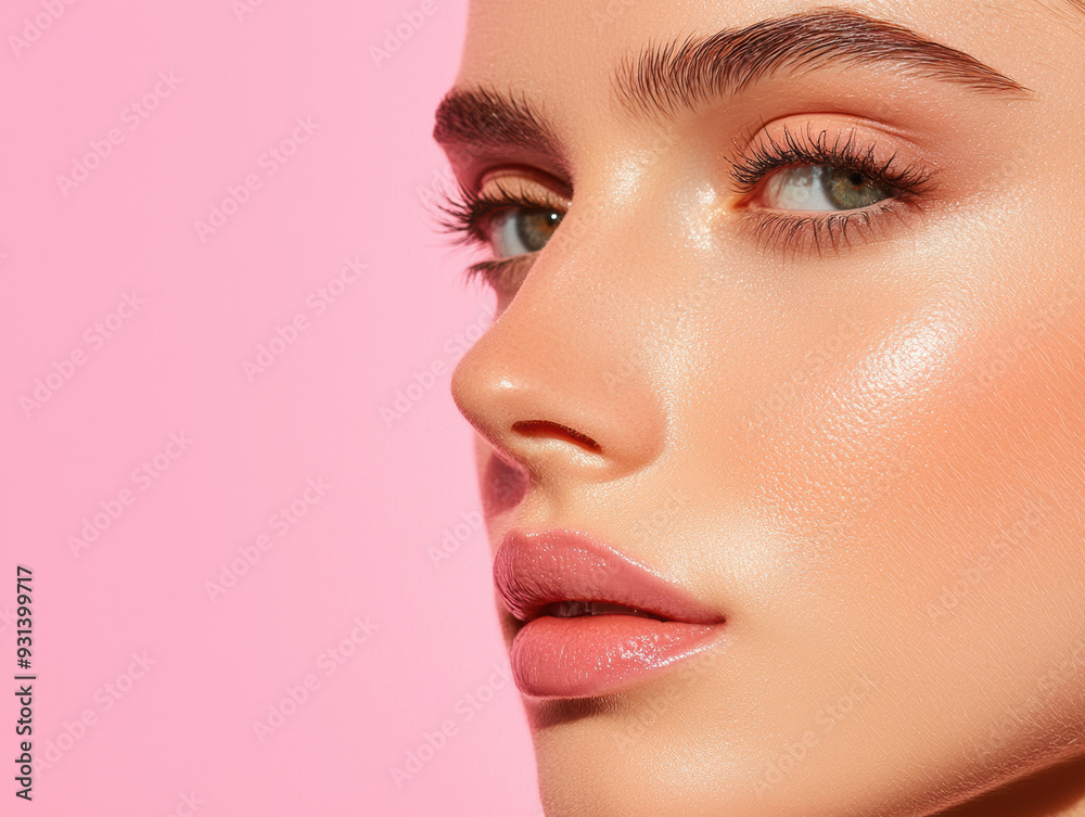 custom made wallpaper toronto digitalClose-up of a woman's flawless, glowing skin against a pink background, showcasing natural beauty and stylish makeup.