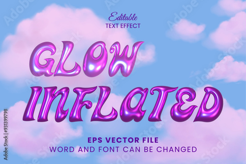 Glow inflated glossy holographic editable vector text effect. 3d chrome glossy font y2k style