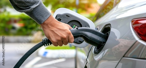 A person charging an electric car at a charging station. The image captures the growing popularity of electric vehicles and the shift towards sustainable transportation.