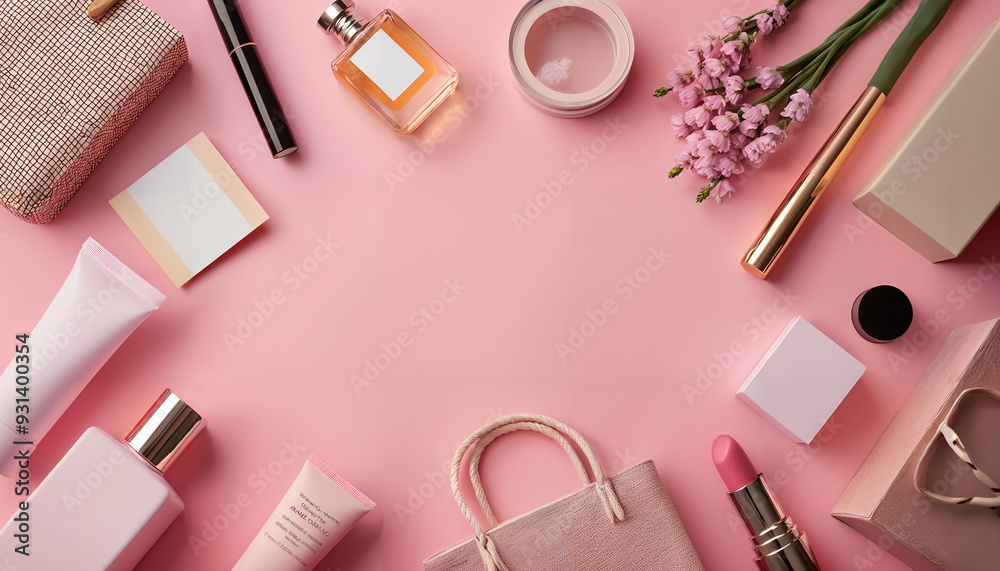 woman make up supplies and accessory, above view , empty center for mockup , pink background woman make up supplies and accessory, above view , empty center for mockup , pink background