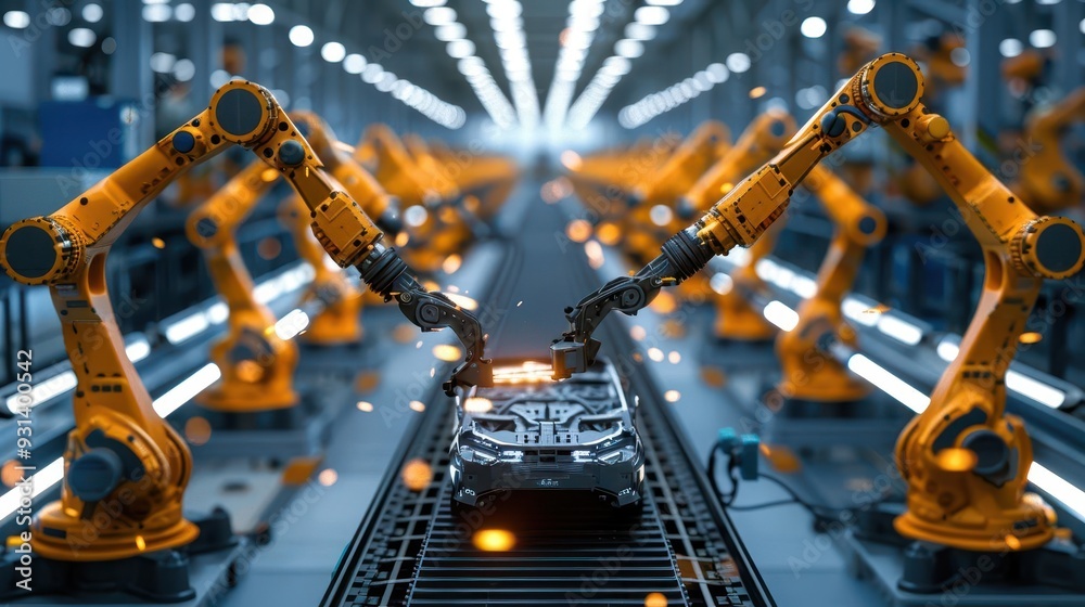 Automated car manufacturing assembly line, robots at work, Automated car manufacturing assembly line, robots at work,