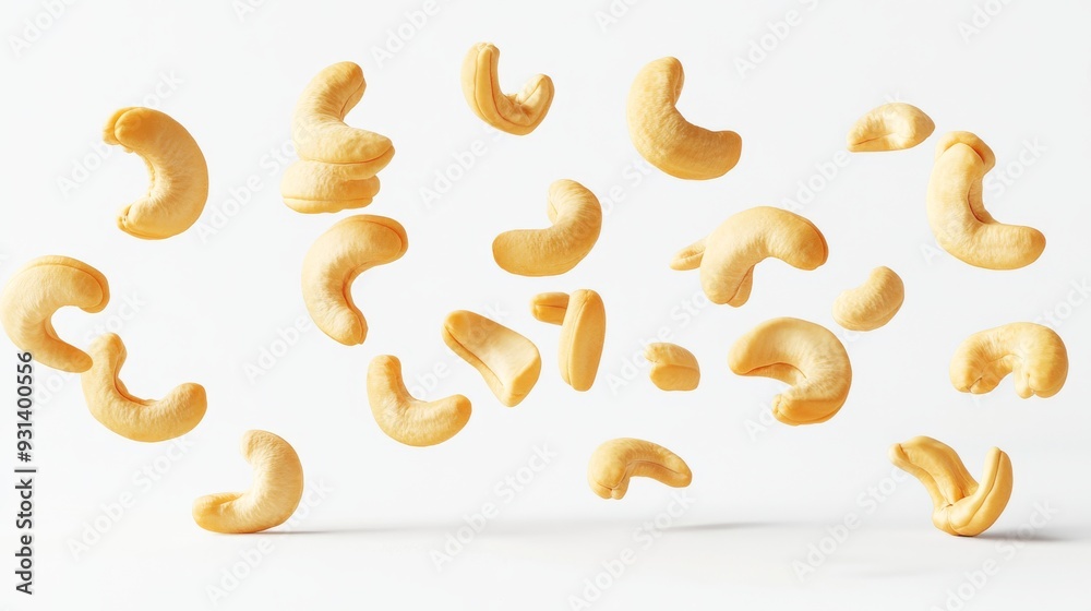 3D image of dry cashew nuts flying on a white background. 3D image of dry cashew nuts flying on a white background.