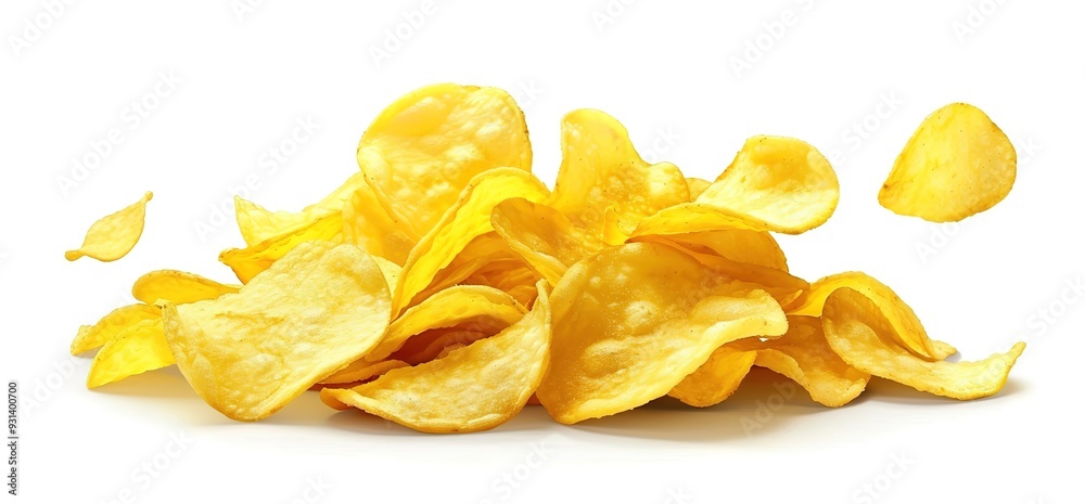 A pile of yellow potato chips on a white background. The chips are scattered and some are in mid air. A pile of yellow potato chips on a white background. The chips are scattered and some are in mid air.