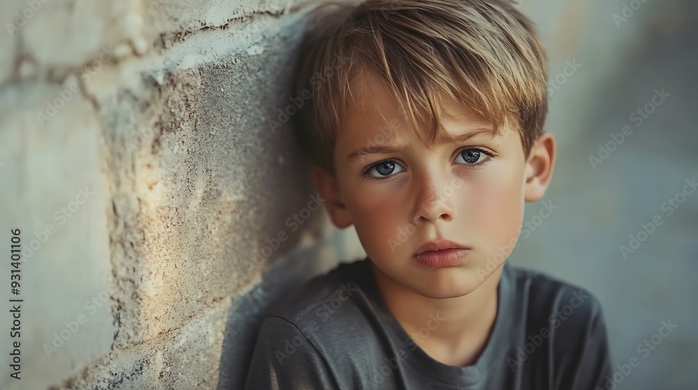 Young boy with blond hair and blue eyes looking at the camera with a serious expression, leaning against a stone wall. Young boy with blond hair and blue eyes looking at the camera with a serious expression, leaning against a stone wall.