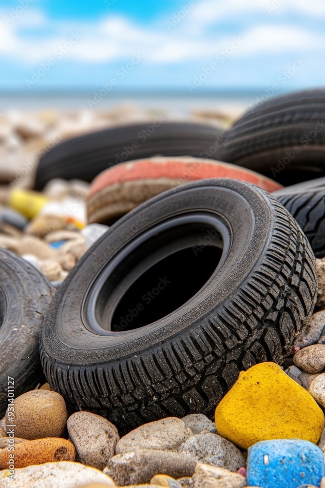 Obraz premium Colorful pebbles contrast with discarded tires along a serene beach in bright daylight