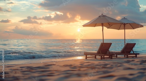 Two lounge chairs with sun umbrellas on the beach with beautiful saunset light : Generative AI photo