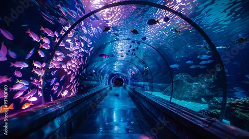 glowing underwater glass tunnel, colorful marine life, neon light passage 