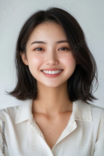 Asian woman positive smile on white background, beauty positive smile