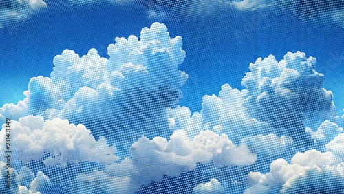 Color halftone texture of clouds. White clouds against blue sky. Vector illustration.
