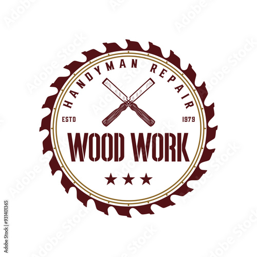 Vintage carpentry badge logo design with premium vector illustration. photo