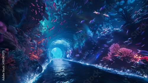 illuminated underwater world, light tunnel, immersive aquatic experience 
