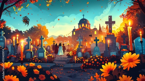 A festive cemetery scene with decorated graves, marigolds, and candles, families gathering to remember their loved ones cartoon Vector Illustration photo