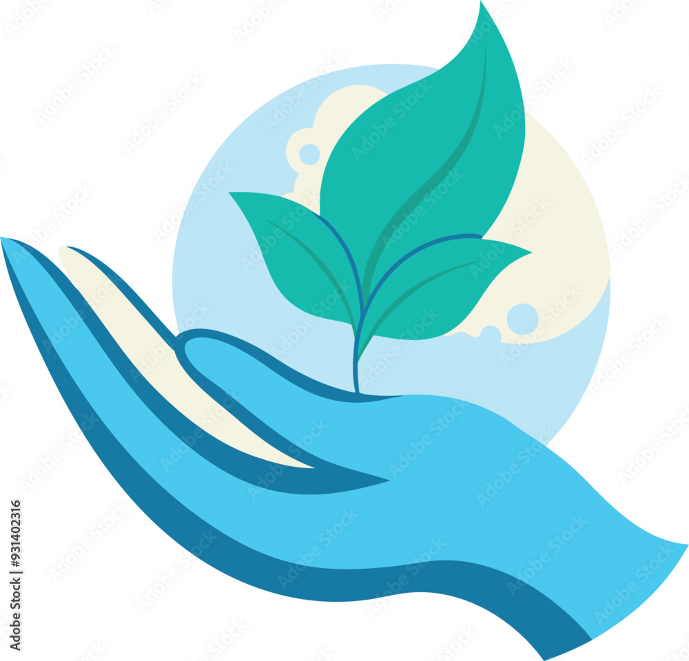 Eco friendly illustration wave with hand holding leaf Eco friendly illustration wave with hand holding leaf