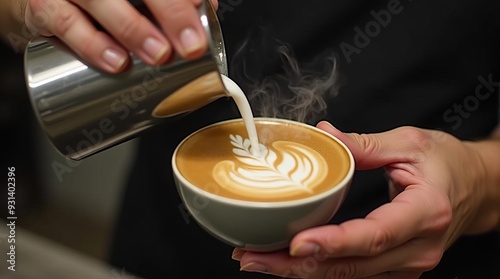 Barista Creating Intricate Latte Art: Close-up of Milk Being Poured into Coffee Cup photo