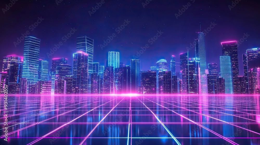 Neon-lit Synthwave cityscape with vibrant pink and blue hues futuristic buildings glowing in the night sky retro grid pattern capturing 80s nostalgia cinematic style Neon-lit Synthwave cityscape with vibrant pink and blue hues futuristic buildings glowing in the night sky retro grid pattern capturing 80s nostalgia cinematic style