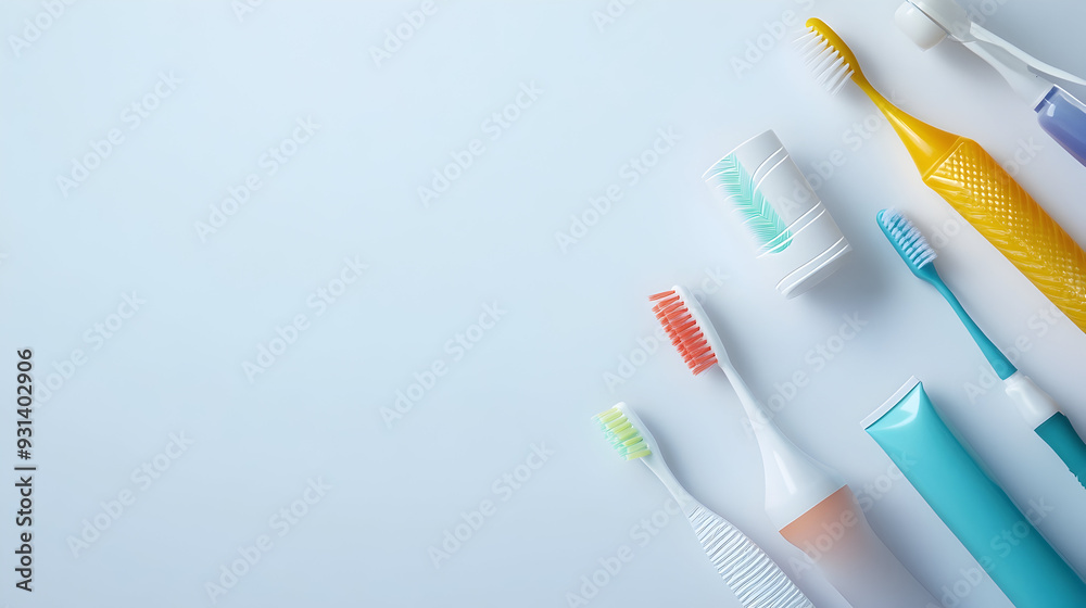 Bright Dental Hygiene Essentials on White Surface - Toothbrushes, Toothpaste Tubes, and Dental Floss for Oral Care Concept