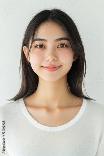 Asian woman positive smile on white background, beauty positive smile