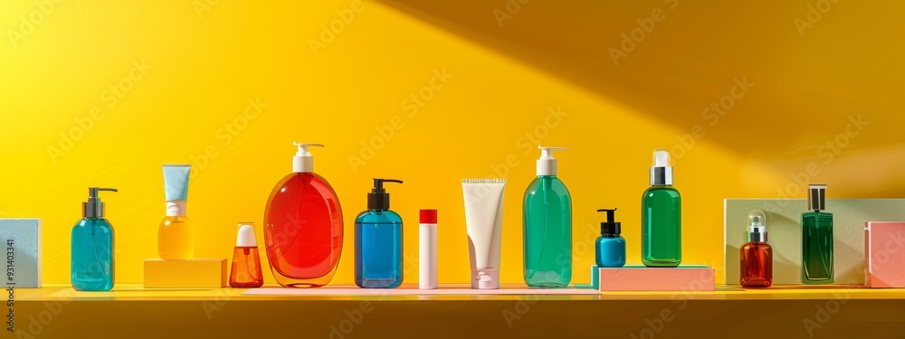 Colorful cosmetic bottles on a vibrant yellow background Colorful cosmetic bottles on a vibrant yellow background