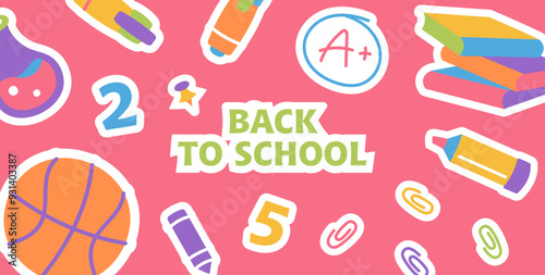 School banner with supplies. Colorful school background with supplies and lettering. Horizontal Postern with education concept. Background for retail marketing promotion and education related.