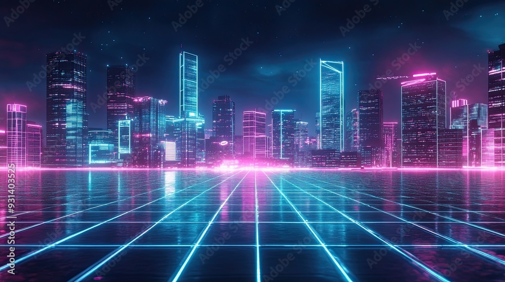 Neon-lit Synthwave cityscape with vibrant pink and blue hues futuristic buildings glowing in the night sky retro grid pattern capturing 80s nostalgia cinematic style Neon-lit Synthwave cityscape with vibrant pink and blue hues futuristic buildings glowing in the night sky retro grid pattern capturing 80s nostalgia cinematic style