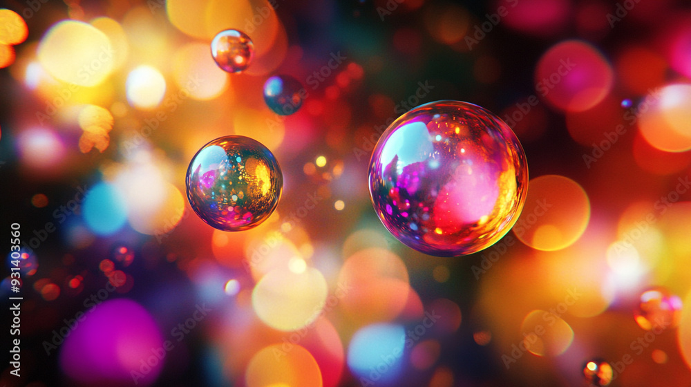 Colorful bubbles floating in a vibrant, abstract background of lights at night Colorful bubbles floating in a vibrant, abstract background of lights at night