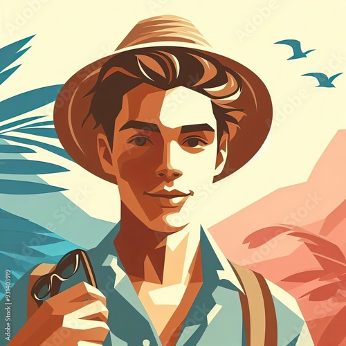 Stylized Male Traveler with Camera: A Retro-Inspired Illustration of a Modern Explorer with Generative AI. photo