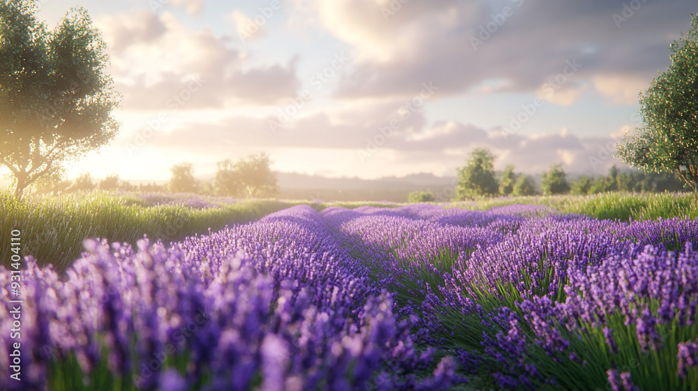 Lavender field at sunrise with vibrant purple flowers and trees in the background Lavender field at sunrise with vibrant purple flowers and trees in the background