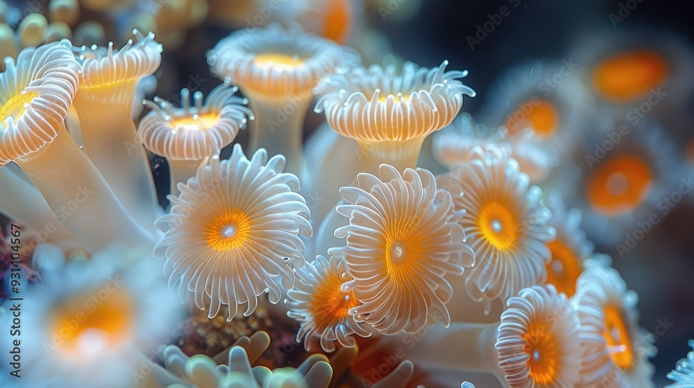 Close-up of Orange and White Sea Anemones in an Underwater Ecosystem Close-up of Orange and White Sea Anemones in an Underwater Ecosystem