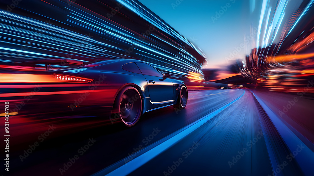 blue car at high speed along the highway obscures the speed of movement, 3d rendering. AI generative