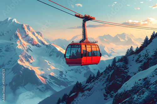 Cable Car Ascending Snowy Mountain Slopes with Alpine Meadows Scenery
