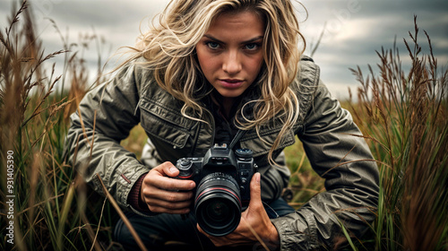 Woman holding camera and looking ahead tensely photo