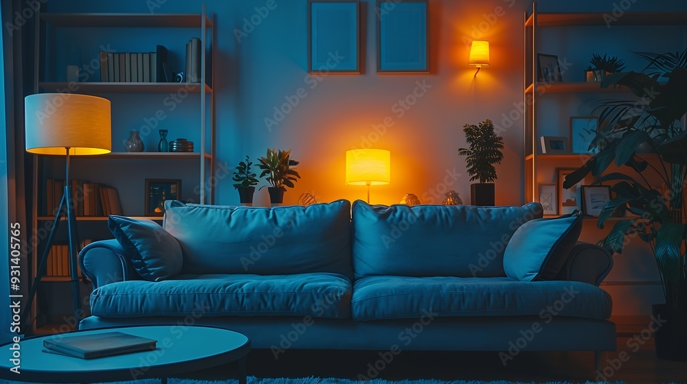 Interior of dark living room with couch shelving units and glowing lamps : Generative AI Interior of dark living room with couch shelving units and glowing lamps : Generative AI