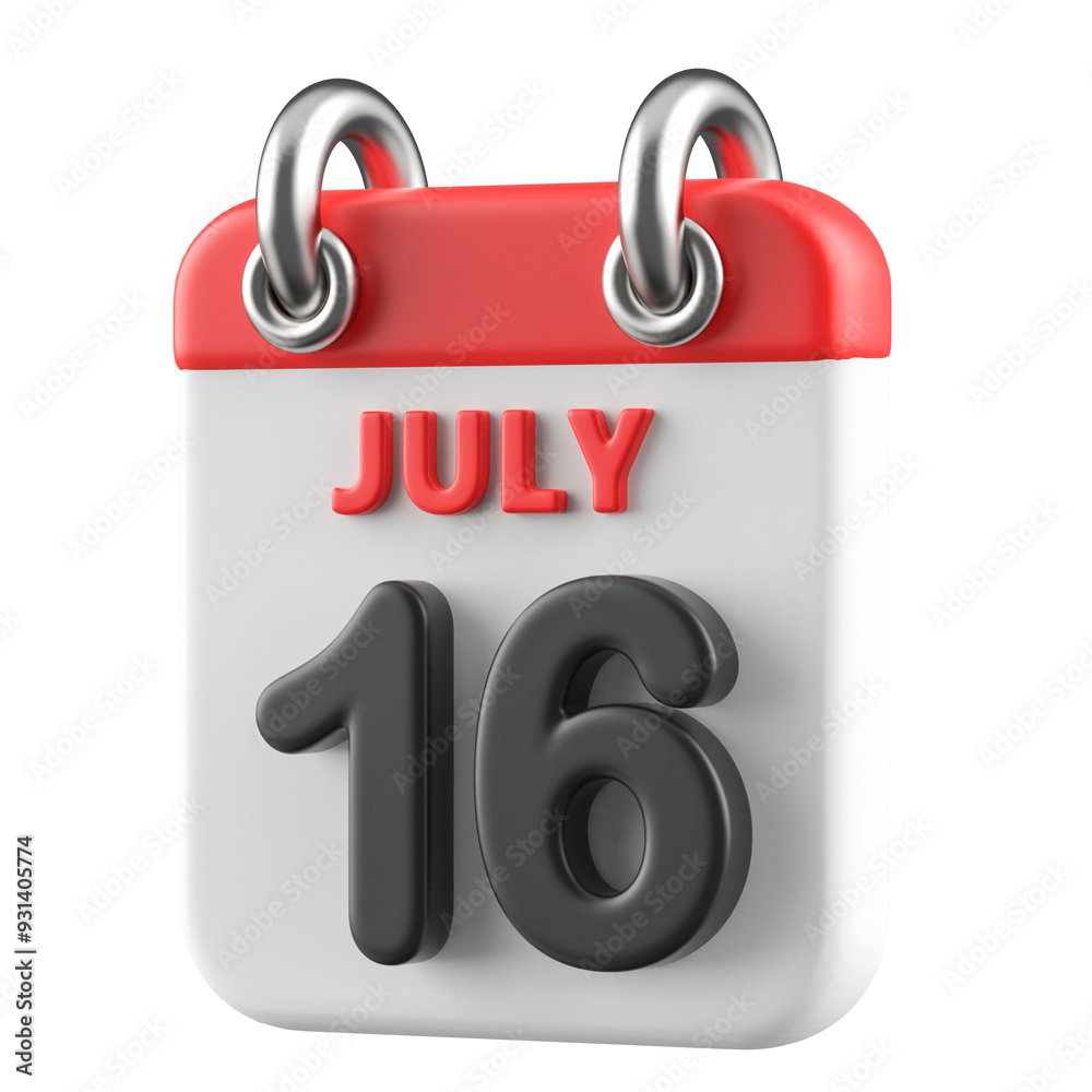 16th July Calendar Icon 3D Render 16th July Calendar Icon 3D Render