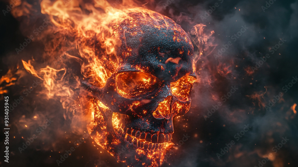 Eerie flaming skull emerging from smoke, showcasing a dramatic and fiery display at night Eerie flaming skull emerging from smoke, showcasing a dramatic and fiery display at night