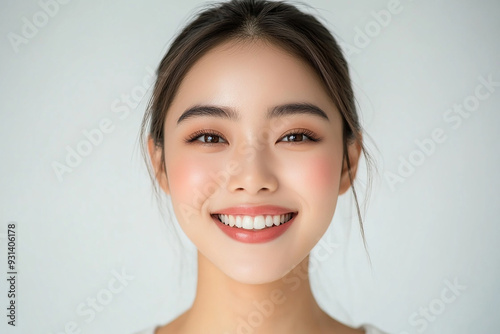 Asian woman positive smile on white background, beauty positive smile