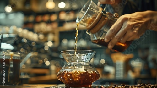 Barista making handdrip coffee Hand drip coffee Barista pouring boiling water to make drip coffee Tools for making drip coffee : Generative AI photo