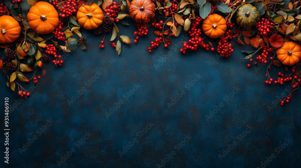 Thanksgiving and Autumn decoration concept made from autumn leaves and pumpkin on dark background. Flat lay, top view with copy space Thanksgiving and Autumn decoration concept made from autumn leaves and pumpkin on dark background. Flat lay, top view with copy space