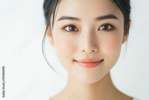 Asian woman positive smile on white background, beauty positive smile