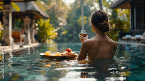 Woman enjoying floating breakfast at luxury resort in bali : Generative AI