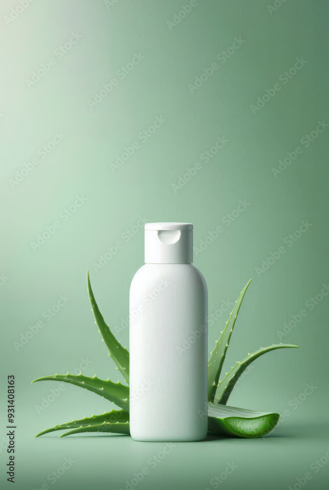A white cosmetic skin care liquid bottle with Fresh aloe vera on green background. Mockup scene for advertising cosmetic, space for design A white cosmetic skin care liquid bottle with Fresh aloe vera on green background. Mockup scene for advertising cosmetic, space for design