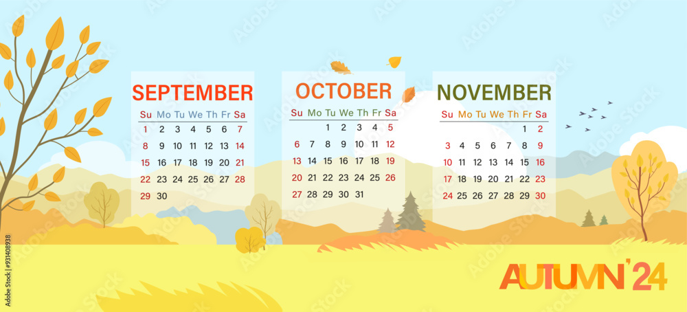 Calendar of autumn months for 2024. Banner for 3 months with an autumn landscape in the mountains. Calendar of autumn months for 2024. Banner for 3 months with an autumn landscape in the mountains.