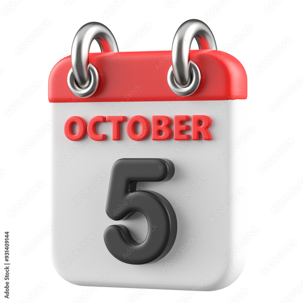 5th October Calendar Icon 3D Render 5th October Calendar Icon 3D Render