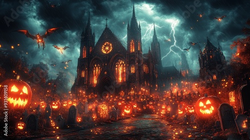 Gothic cathedral with jack-o'-lanterns and lightning