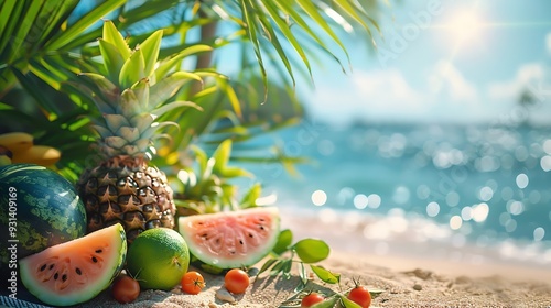 Photo of the summer seaside with frontal angle coconut leaves and tropical fruits like pineapple and watermelon decorated in the left corner in center of the beach has two showcase pod : Generative AI photo