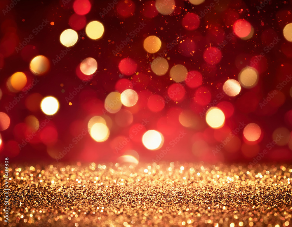 Abstract background with golden glitter particles and bokeh on red background. Christmas and New Year concept Abstract background with golden glitter particles and bokeh on red background. Christmas and New Year concept