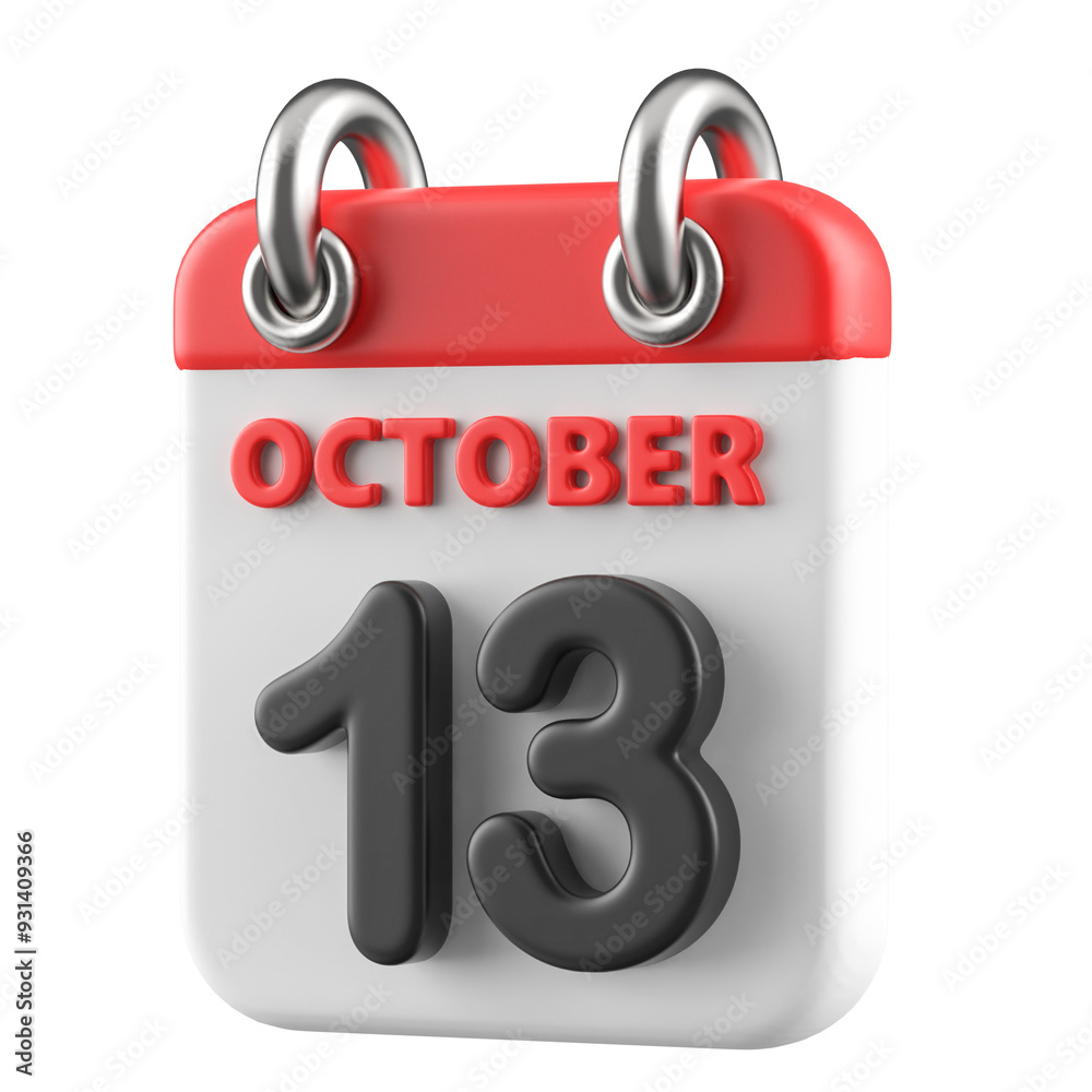 13th October Calendar Icon 3D Render 13th October Calendar Icon 3D Render