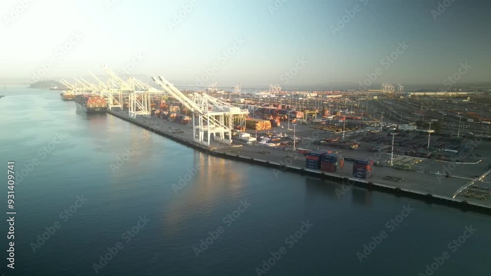 Morning Aerial View from a Drone of the Cranes at the Port in West Oakland, California. Shot in 4K on a DJI Mini 3 Pro. Morning Aerial View from a Drone of the Cranes at the Port in West Oakland, California. Shot in 4K on a DJI Mini 3 Pro.