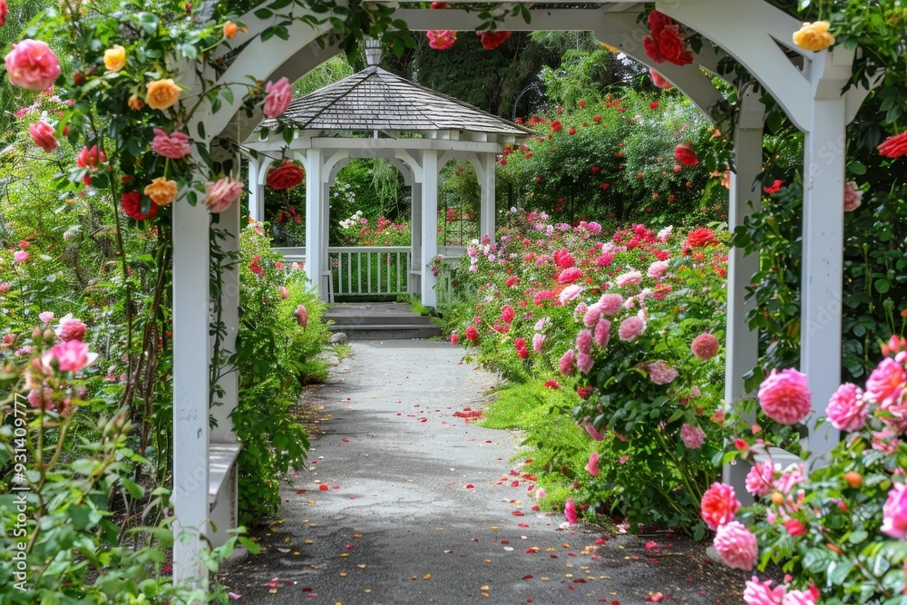 Fototapeta premium A peaceful garden path lined with blooming roses in various colors, leading to a charming white gazebo.